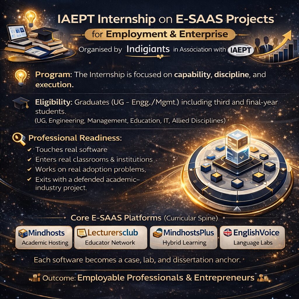 IAEPT Internship on E-SAAS Projects for Employment and Enterprise, E-SAAS is not treated as theory; it is treated as a living ecosystem where students directly engage with real-time production platforms developed and operated by Indgiants Pvt. Ltd. in association with IAEPT.