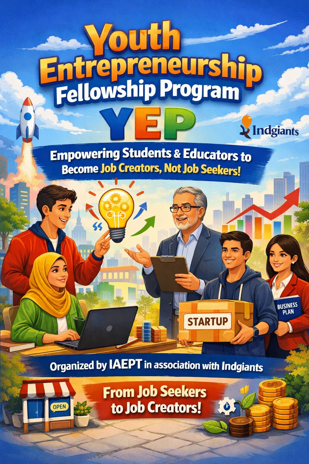 The Youth Entrepreneurship Fellowship Program (YEP), organized by IAEPT in association with Indgiants, aims to empower students and educators by transforming them into job creators rather than job seekers. This program will bridge the gap between education and entrepreneurship using digital platforms, hybrid learning, and real-time mentorship.