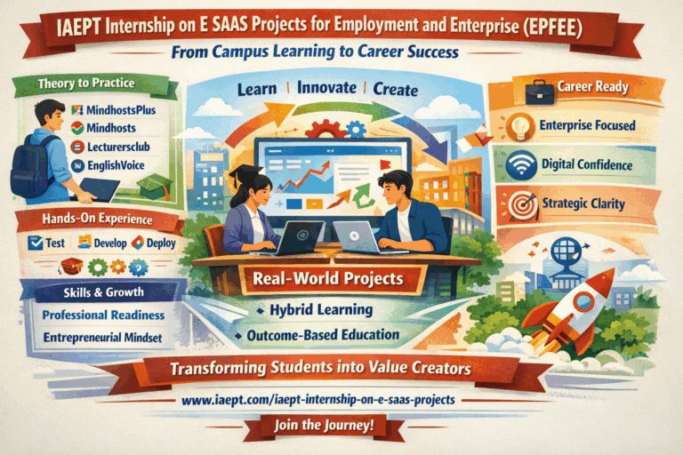 E SAAS, meaning Education Software As A Service, is treated not as an idea but as an active ecosystem. For the aspirants of the IAEPT Internship on E SAAS Projects for Employment and Enterprise (EPFEE) such as MindhostsPlus, Mindhosts, Lecturersclub and Englishvoice learning becomes applied, purposeful, and enduring, they take on a journey that transforms their careers.
